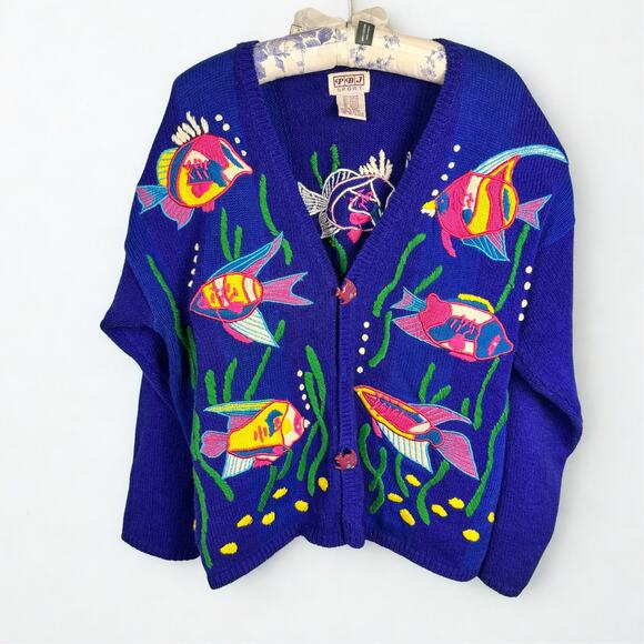 PBJ Sport Sweaters - Vtg PBJ Sport Cardigan Sweater Embroidered Ocean Fish Sz S/P Quirky 90s Kidcore